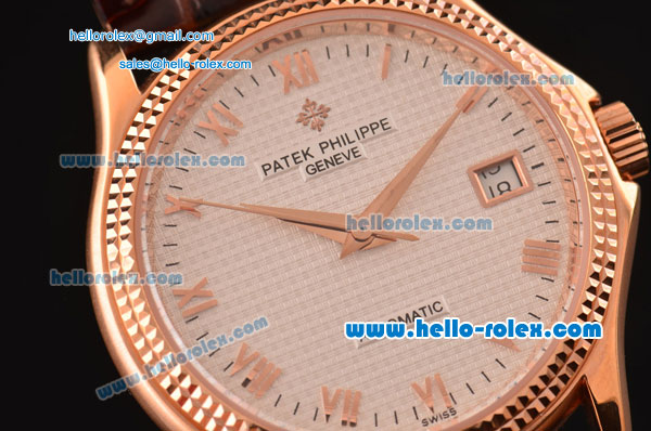 Patek Philippe Calatrava Swiss ETA 2824 Automatic Rose Gold Case with Brown Leather Strap and White Dial Roman Markers - Click Image to Close